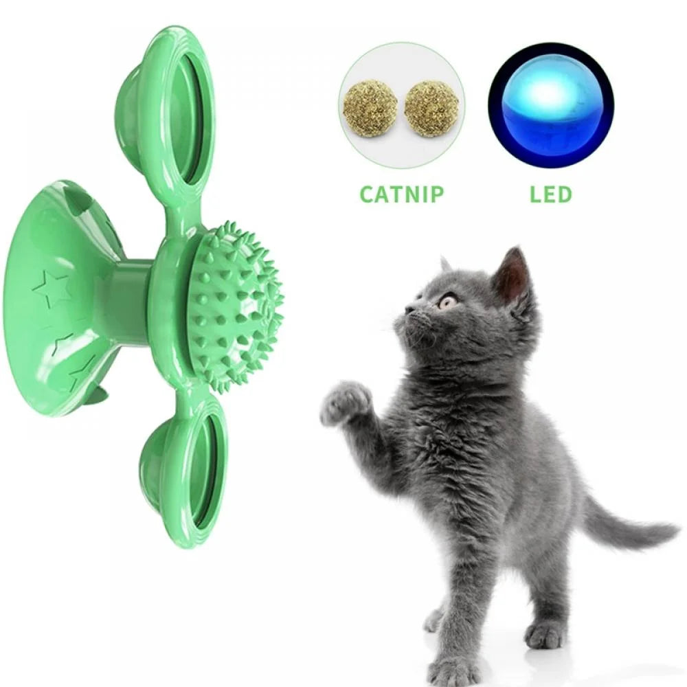 Cat Toys,Windmill Cat Toy with Led Ball and Catnip Ball,Cat Turntable Teasing Interactive Toy with Suction Cup, Funny Kitten Windmill Ball Cat Toys for Indoor Cats, Massage Scratching Tickle-1Pack