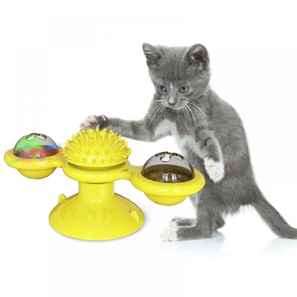 Cat Toys,Windmill Cat Toy with Led Ball and Catnip Ball,Cat Turntable Teasing Interactive Toy with Suction Cup, Funny Kitten Windmill Ball Cat Toys for Indoor Cats, Massage Scratching Tickle-1Pack