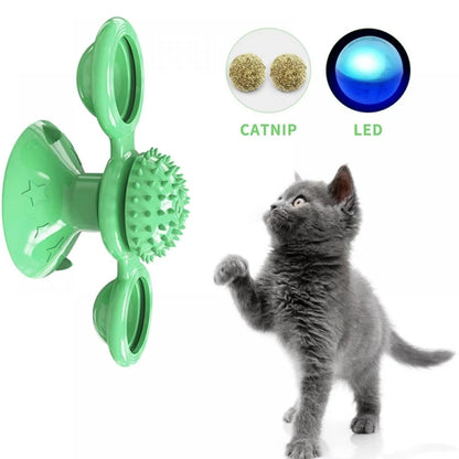 Cat Toys,Windmill Cat Toy with Led Ball and Catnip Ball,Cat Turntable Teasing Interactive Toy with Suction Cup, Funny Kitten Windmill Ball Cat Toys for Indoor Cats, Massage Scratching Tickle-1Pack