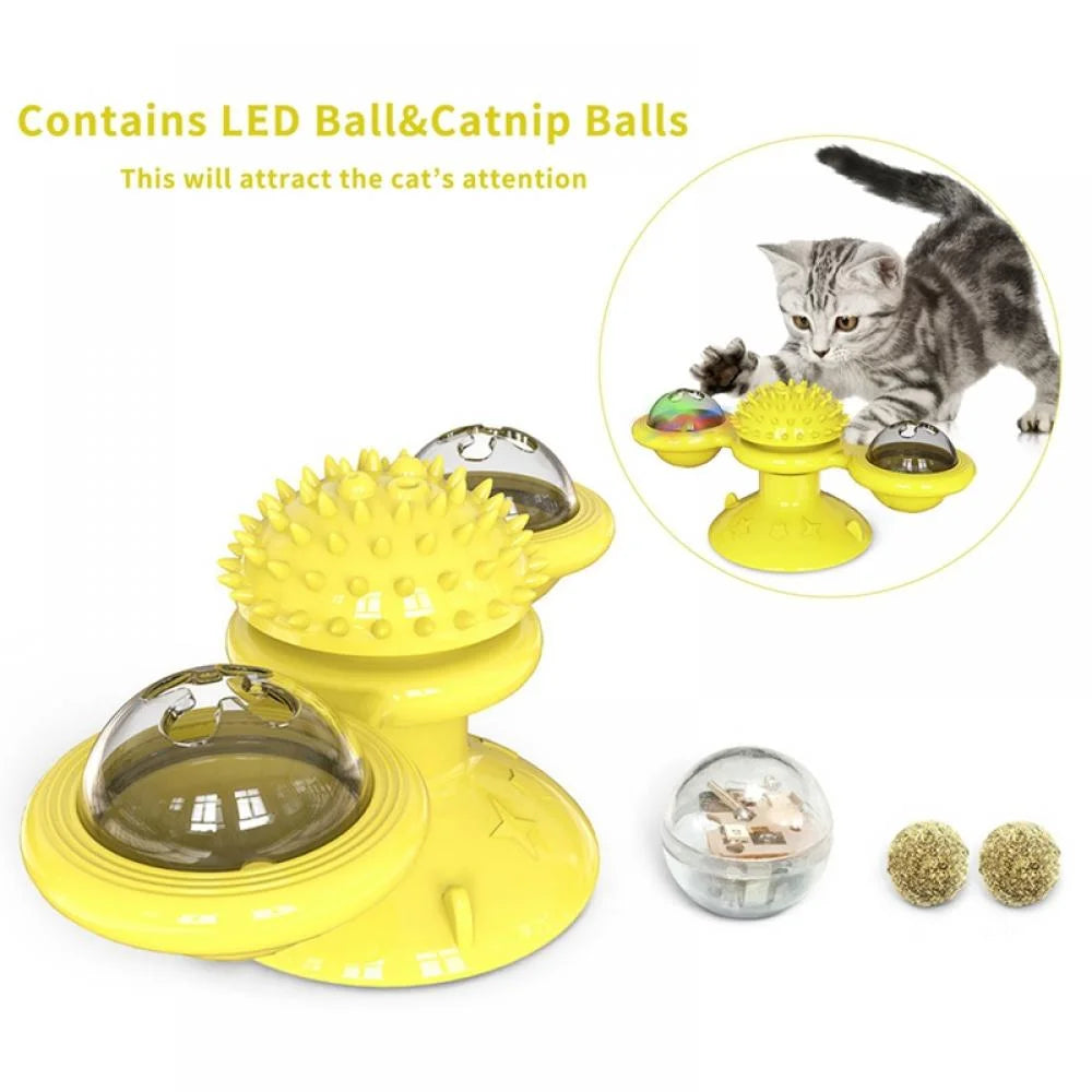 Cat Toys,Windmill Cat Toy with Led Ball and Catnip Ball,Cat Turntable Teasing Interactive Toy with Suction Cup, Funny Kitten Windmill Ball Cat Toys for Indoor Cats, Massage Scratching Tickle-1Pack